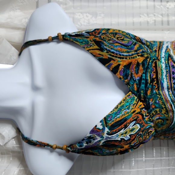 2/$25 Green and Blue Boho Paisley Print Maxi V-Neck Sundress W/ Bead Detail SzM - Picture 2 of 8